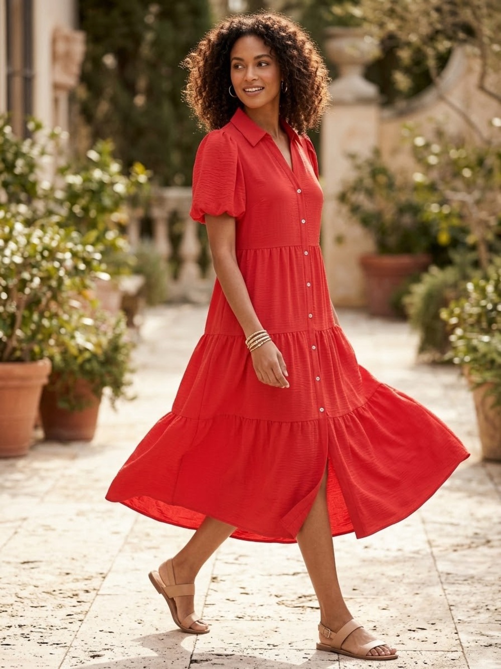 MSK Button-Front Tiered Maxi Dress in Red